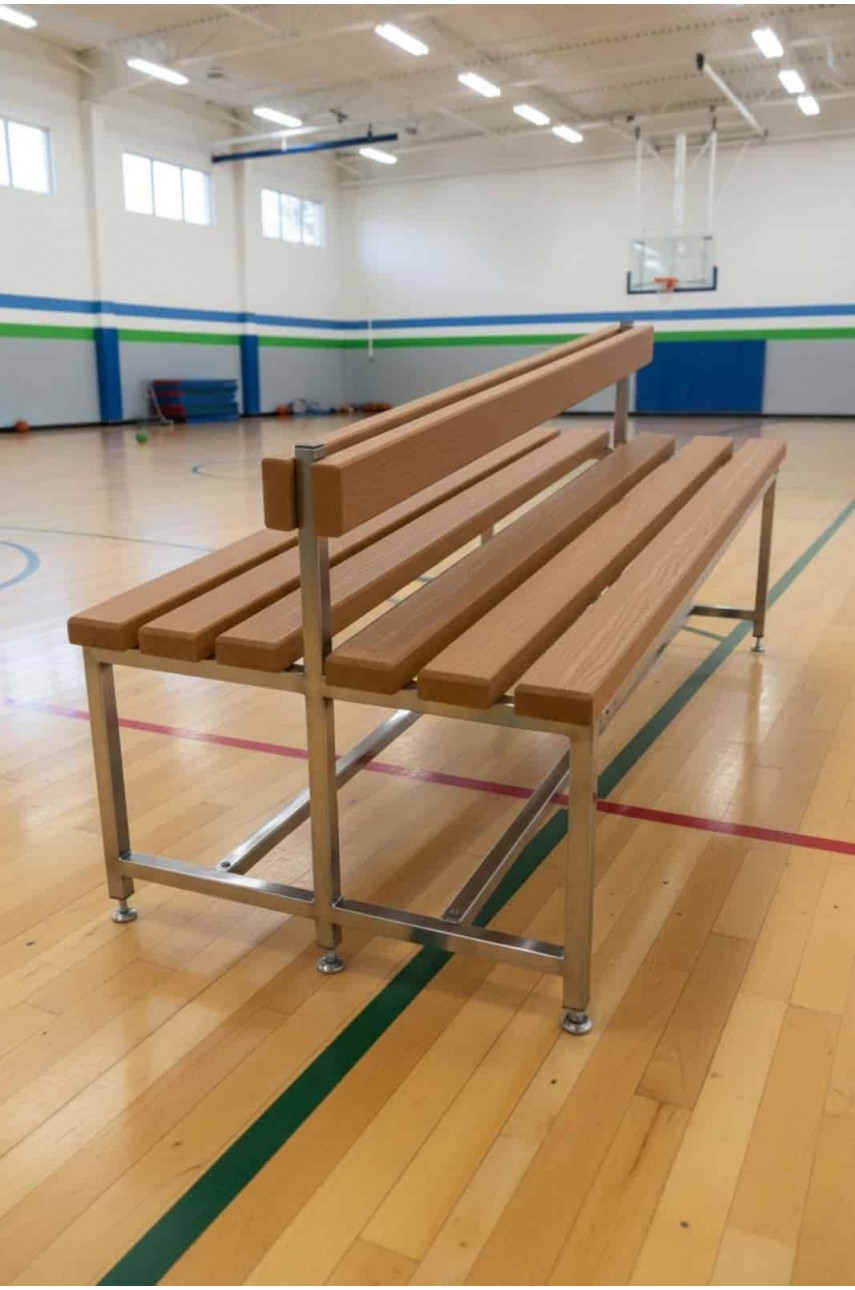 Скамейка для раздевалок со спинкой (Нержавеющая сталь + ДПК) 1500 мм