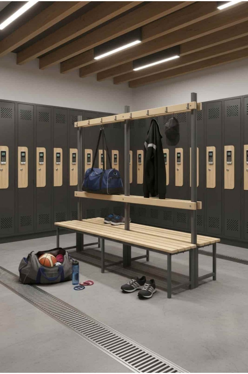 Скамейка для раздевалки со спинкой , гардеробная, двухсторонняя