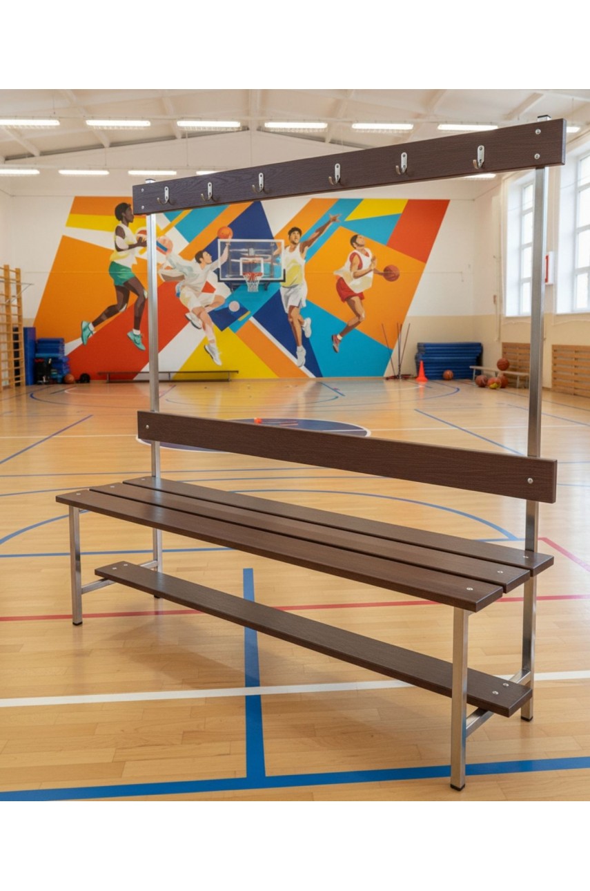 Скамейка для раздевалки с вешалкой (Нержавеющая сталь + ДПК) 1500 мм